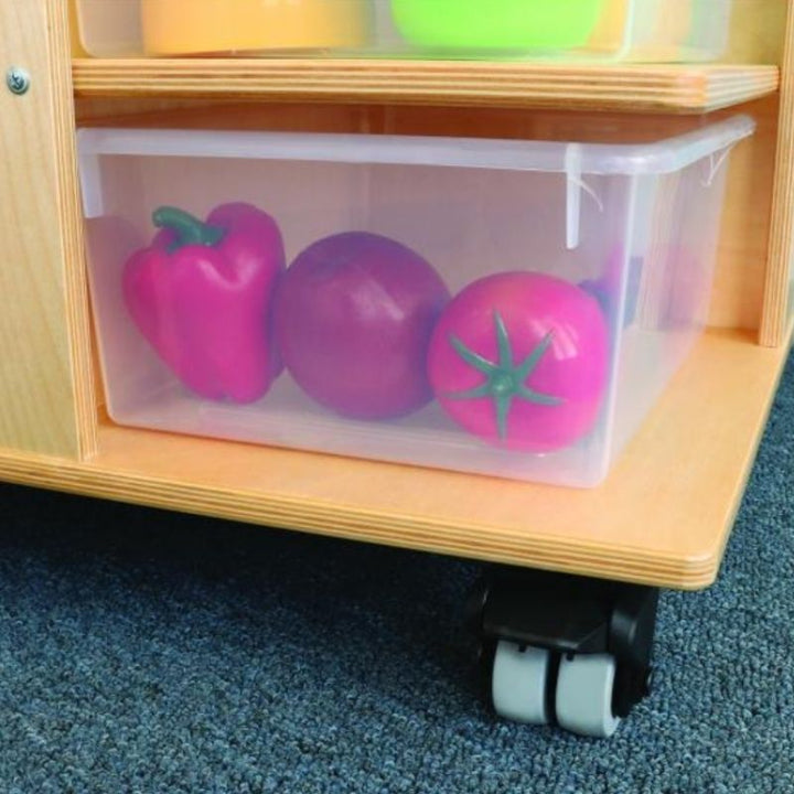 Close-up view of the Whitney Brothers 24 Tray Tower showing the clear Gratnell trays that allow children to see contents without removing each tray from the mobile classroom storage unit