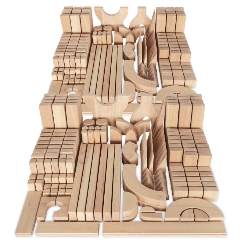 Whitney Brothers 340-Piece Half Unit Block Set landscape view showing the full collection of 340 hardwood blocks in 29 shapes, ideal for classroom and early childhood unit block play