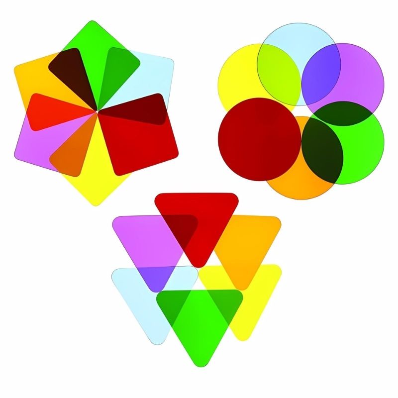 Whitney Brothers Color Wheel Variety Pack showing all 18 shatterproof acrylic pieces - six circles, six squares, and six triangles - in six colours for use on LED light tables