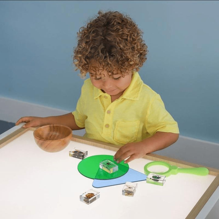 Close-up of a child placing objects on the Whitney Brothers elevatED Adjustable Light Table, showing the bright evenly distributed LED surface and the brushed nickel legs