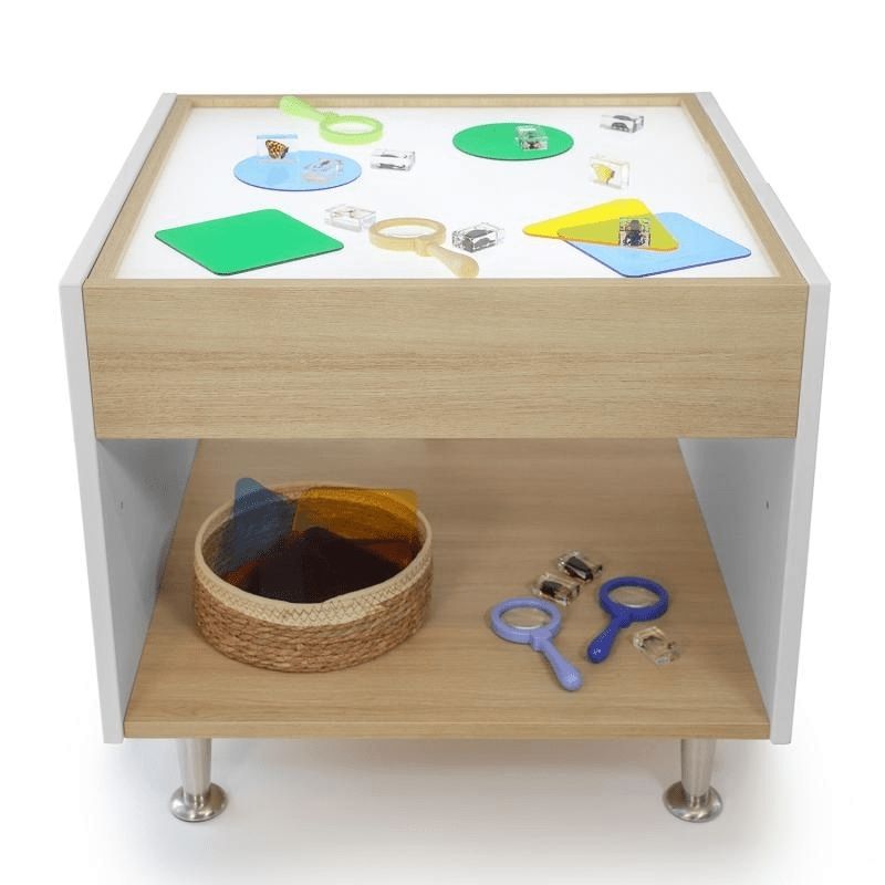 Whitney Brothers elevatED Adjustable Light Table front product view on white background showing the contemporary two-tone design with brushed nickel legs and the 26"x24.5" LED surface