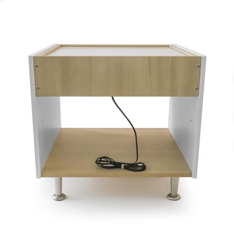Rear view of the Whitney Brothers elevatED Adjustable Light Table showing the in-line on/off switch and UL Listed LED lighting system wiring of the height-adjustable classroom light table