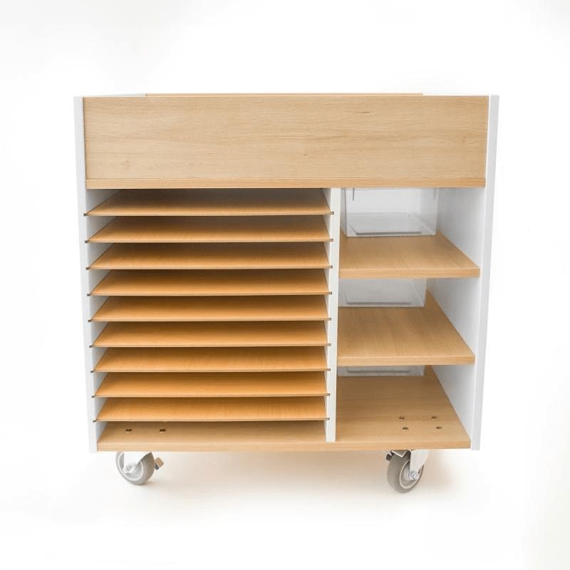 Clean product view of the Whitney Brothers elevatED Art Supply Cart WB1915 showing the contemporary white and textured white oak elevatED Collection design with brushed nickel legs