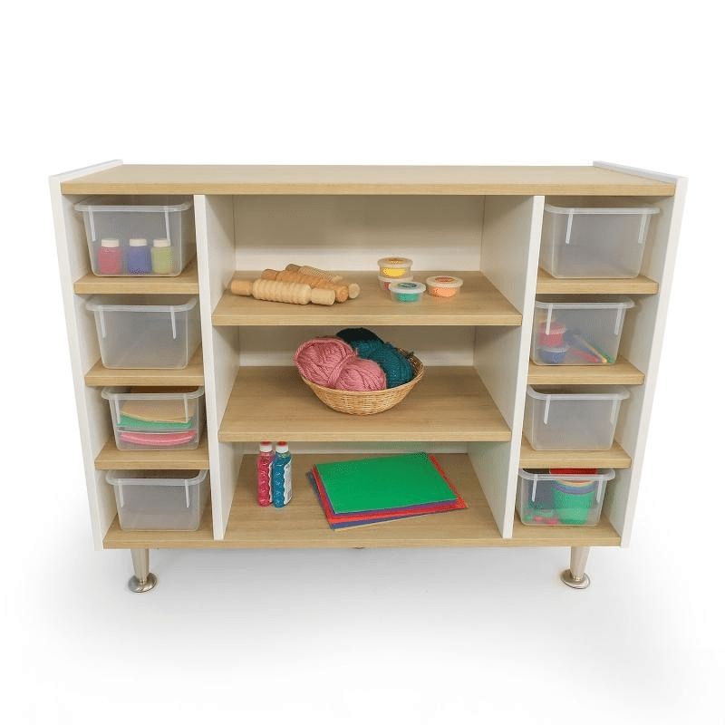 Whitney Brothers elevatED Combo Tray Storage Cabinet front product view on white background showing the full 42.5" wide two-tone cabinet with included trays in both side cubby compartments