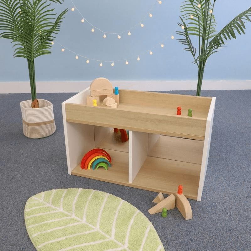 Whitney Brothers elevatED I-See-Me Toddler Mirror Cabinet in a classroom setting showing the full-width shatterproof acrylic mirror and the contemporary elevatED Collection two-tone design