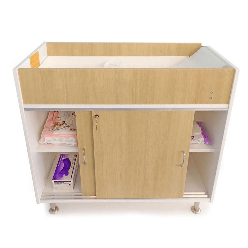 Whitney Brothers elevatED Infant Changing Cabinet clean product view showing the full 42.5" wide changing cabinet with lockable sliding doors and the contemporary elevatED Collection design