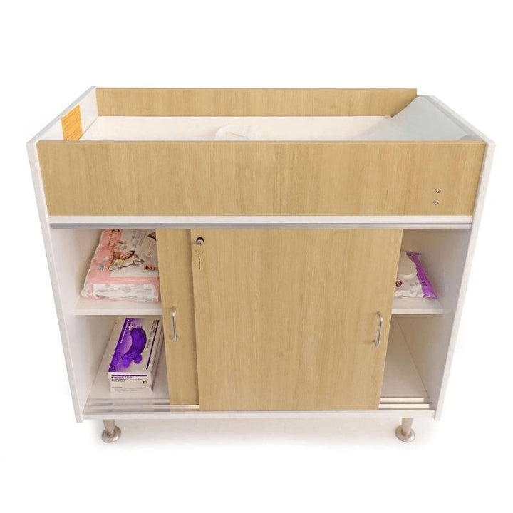 Whitney Brothers elevatED Infant Changing Cabinet clean product view showing the full 42.5" wide changing cabinet with lockable sliding doors and the contemporary elevatED Collection design