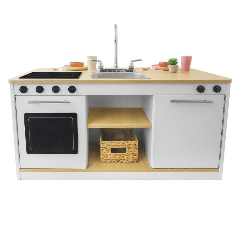 Whitney Brothers elevatED Kitchen Island Breakfast Bar front view showing the four-burner stovetop, metal sink, chrome faucet, oven, dishwasher, and two open centre shelves