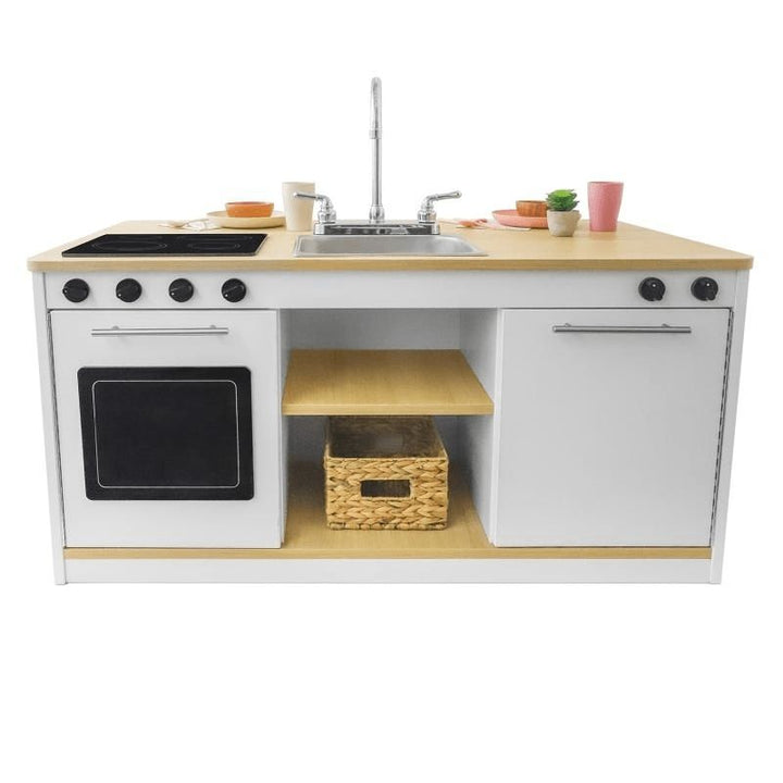 Whitney Brothers elevatED Kitchen Island Breakfast Bar front view showing the four-burner stovetop, metal sink, chrome faucet, oven, dishwasher, and two open centre shelves
