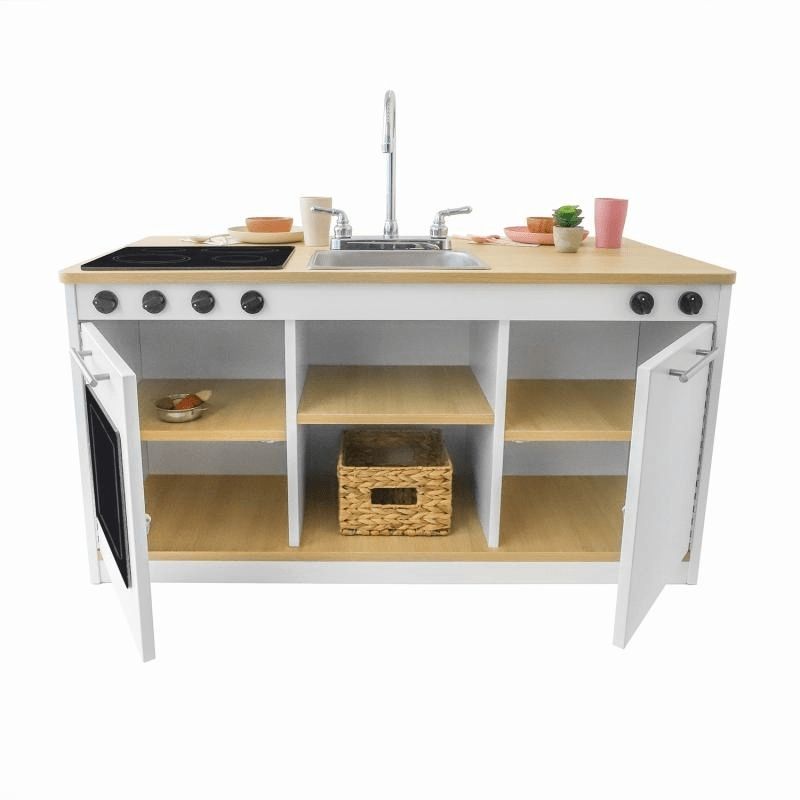 Whitney Brothers elevatED Kitchen Island Breakfast Bar with open cabinet door showing the black acrylic door accents and click knobs of the oven and dishwasher on the front face