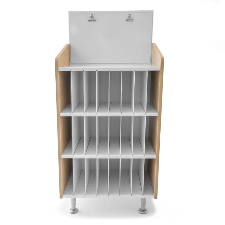 Clean product view of the Whitney Brothers elevatED Mail and Message Center WB1914 showing the contemporary white and textured white oak design with brushed nickel legs and floor-protecting pads