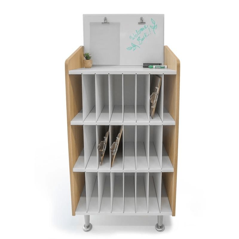 Whitney Brothers elevatED Mail and Message Center front product view showing the full 24.5"x50" two-tone cabinet with 24 vertical slots and fixed dry-erase marker board with two built-in clips