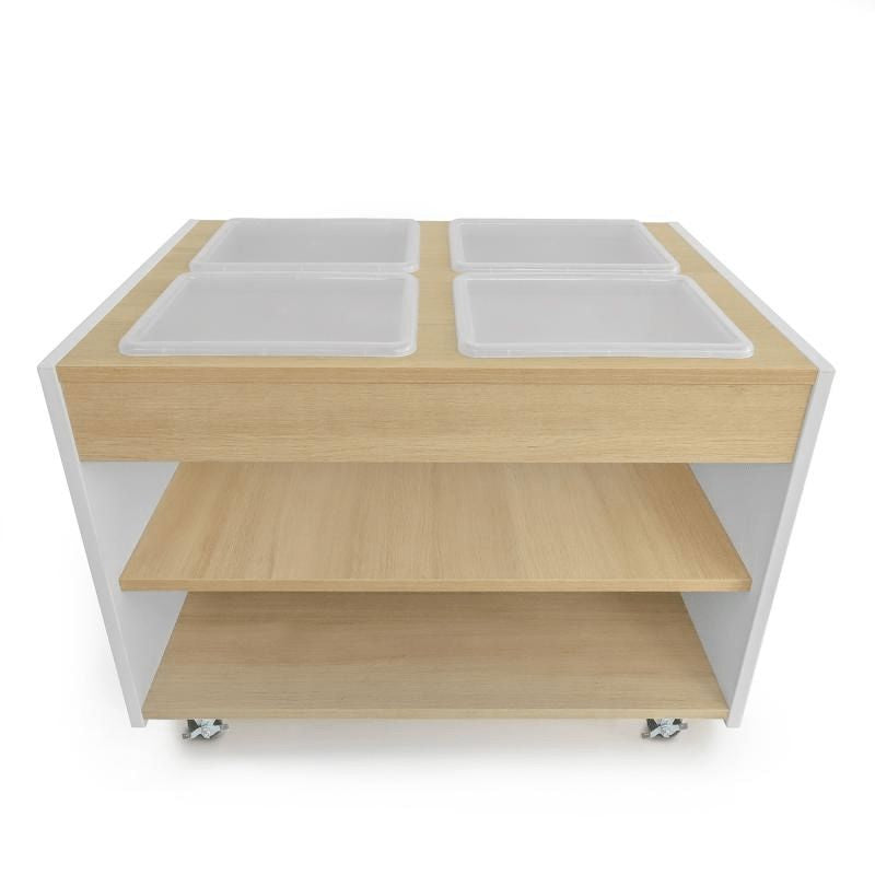 Clean product view of the Whitney Brothers elevatED Mobile Sensory Table WB1975 showing the four surface-mounted tray positions and the contemporary white and textured white oak elevatED design