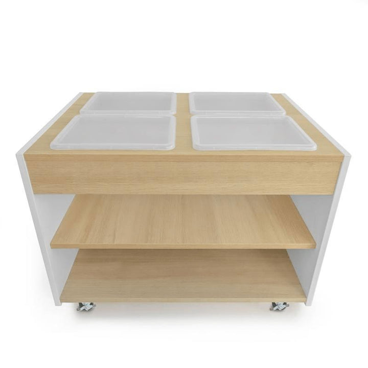 Clean product view of the Whitney Brothers elevatED Mobile Sensory Table WB1975 showing the four surface-mounted tray positions and the contemporary white and textured white oak elevatED design