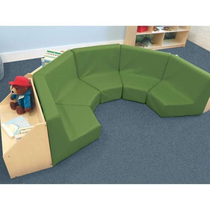 Top-down view of the Whitney Brothers Five Section Reading Nook showing the full half-circle configuration of five green vinyl padded classroom reading seats with integrated bookshelves