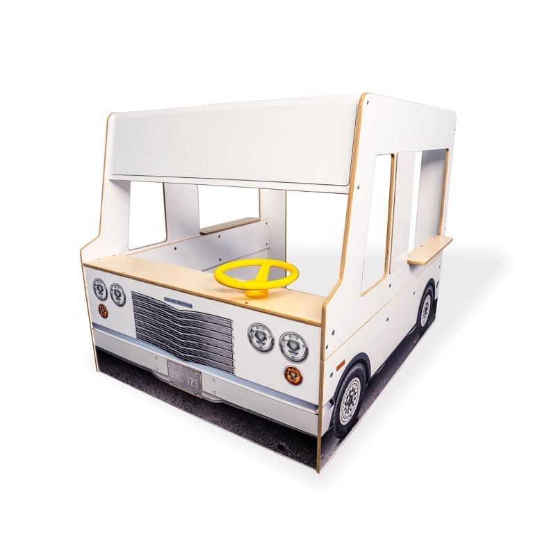 Clean product view of the Whitney Brothers Imagination Truck WB1140 showing the realistic white exterior with headlights, tail lights, bumpers, wheels, and front grill detailing