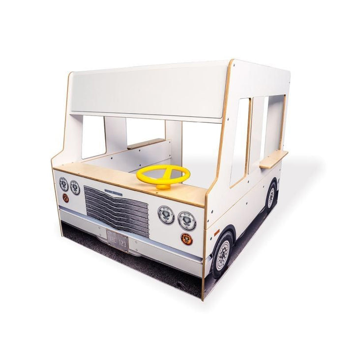 Clean product view of the Whitney Brothers Imagination Truck WB1140 showing the realistic white exterior with headlights, tail lights, bumpers, wheels, and front grill detailing