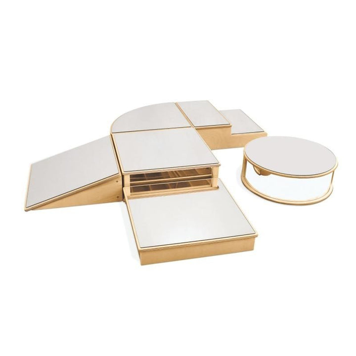 Clean product view of the Whitney Brothers Infant Floor Mirror Set showing all six distinct birch plywood mirror block shapes with shatterproof acrylic mirror surfaces
