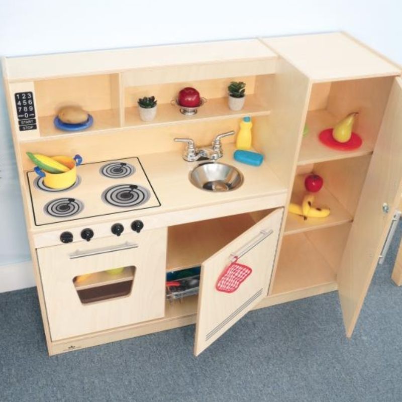 Whitney Brothers Contemporary Kitchen Combo Natural front and top view showing the hutch with printed microwave buttons and ice dispenser above the refrigerator compartment