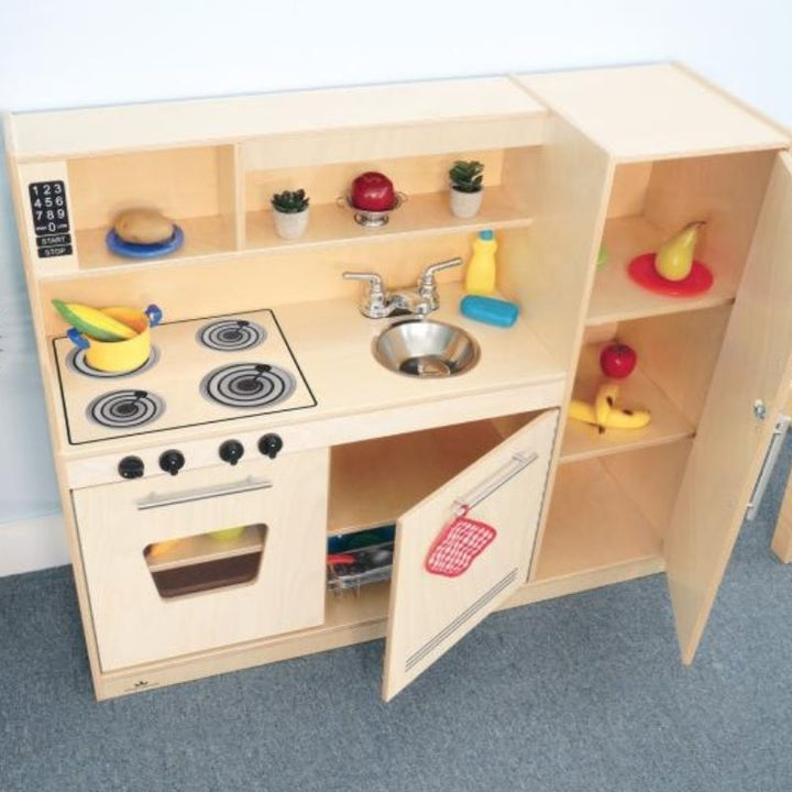 Whitney Brothers Contemporary Kitchen Combo Natural front and top view showing the hutch with printed microwave buttons and ice dispenser above the refrigerator compartment