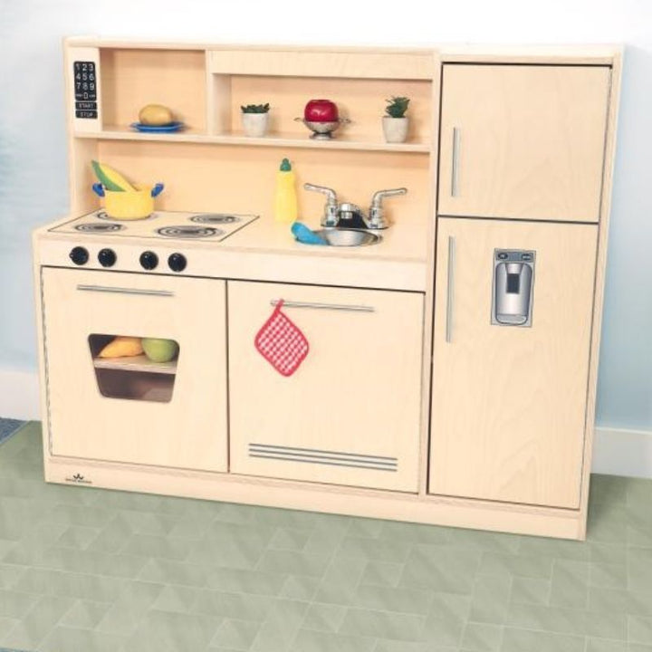 Whitney Brothers Contemporary Kitchen Combo Natural front view showing the full 48.25" all-in-one birch plywood play kitchen with stove, sink, refrigerator, and hutch in natural wood finish