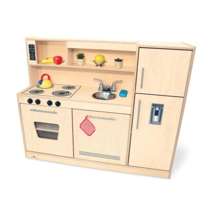 Whitney Brothers Contemporary Kitchen Combo Natural portrait view showing the full height of the 39.25" compact all-in-one play kitchen with integrated stove, sink, and refrigerator