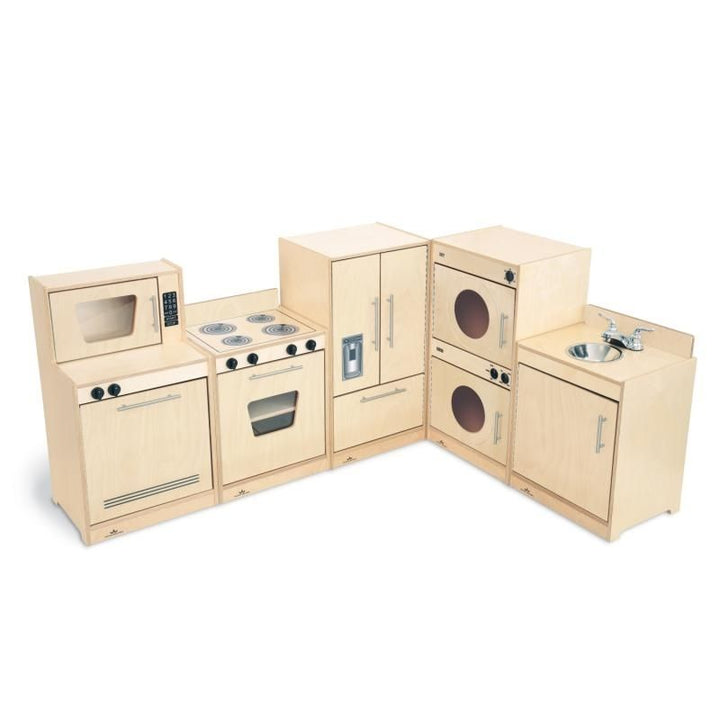 Whitney Brothers Contemporary Kitchen Ensemble Natural second clean product view showing the dishwasher, stove, sink, refrigerator, and washer/dryer units in the birch plywood finish