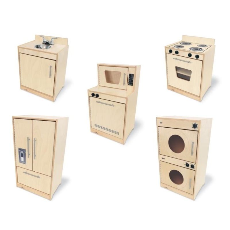 Whitney Brothers Contemporary Kitchen Ensemble Natural five-cabinet view showing all five individual appliance units of the complete birch play kitchen set side by side