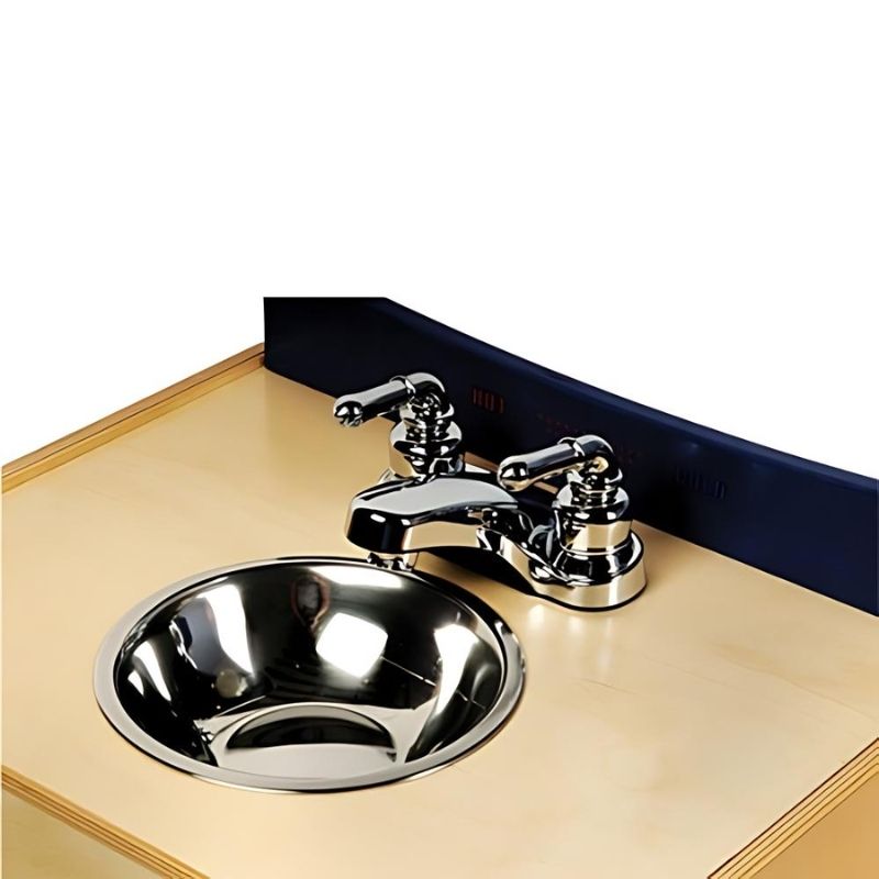 Whitney Brothers Monaco Combo Kitchen steel sink detail with real chrome faucet, showing the realistic sink station of this all-in-one wooden dramatic play kitchen