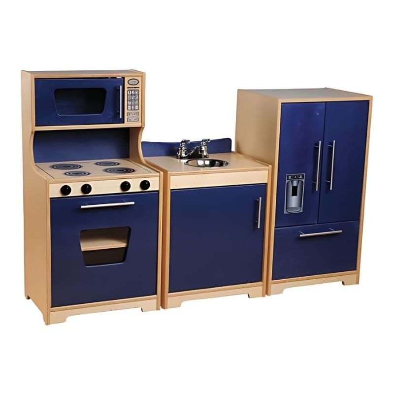 Whitney Brothers Monaco Kitchen 3-Piece Playset full landscape view showing sink, stove with microwave, and refrigerator in premium birch plywood with blue panels