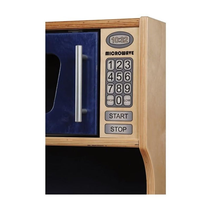 Close-up of the Whitney Brothers Monaco Kitchen microwave button detail, showing interactive controls on the stove and microwave unit of this wooden play kitchen set