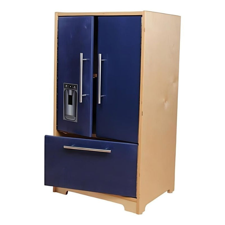 Whitney Brothers Monaco Kitchen refrigerator unit with modern metal handles and safety hinges, showing the contemporary birch plywood finish of this pretend play kitchen
