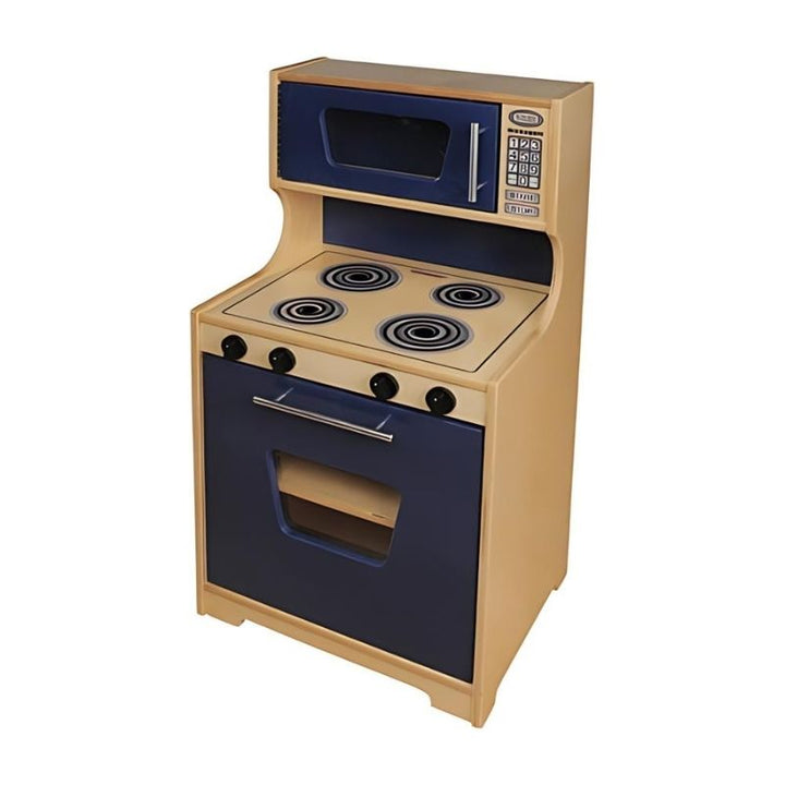 Whitney Brothers Monaco Kitchen stove and microwave unit with clicking dials and blue stained birch panels, part of the 3-piece wooden play kitchen set