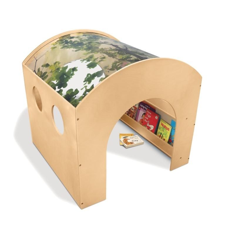 Whitney Brothers Nature Reading Haven landscape left side view showing the curved shatterproof acrylic tree canopy roof and the birch plywood structure of the biophilic reading nook