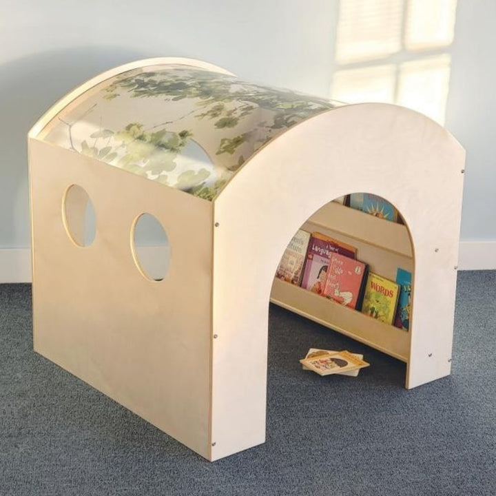 Whitney Brothers Nature Reading Haven landscape left side view with Green Floor Mat, showing the full structure with the optional mat fitted inside the quiet space reading nook