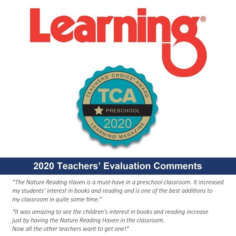 Whitney Brothers Nature Reading Haven displayed alongside the 2020 Teachers Choice Award for Preschool, confirming the award-winning status of this biophilic classroom quiet space