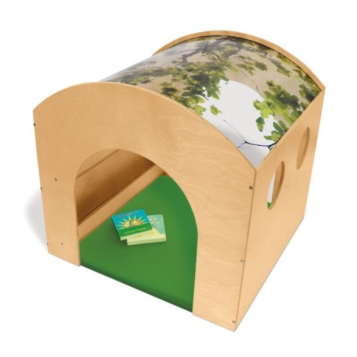 Whitney Brothers Nature Reading Haven with the optional Green Floor Mat, landscape view showing the full quiet space structure with green mat visible through the tunnel opening