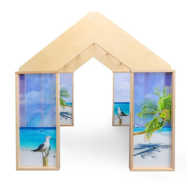 Whitney Brothers Nature View Play Beach House front clean view showing the 60"x60" structure with shatterproof ocean beach acrylic panels and wide door opening for classroom quiet space use
