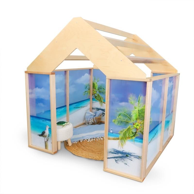 Whitney Brothers Nature View Play Beach House front and side view showing the two panel faces of the 60"x60" ocean beach play structure with maple and plywood construction