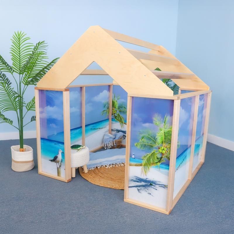 Whitney Brothers Nature View Play Beach House indoor setup view showing the full 60"x60"x60" award-winning Nature View Collection play structure in an Early Learning classroom setting