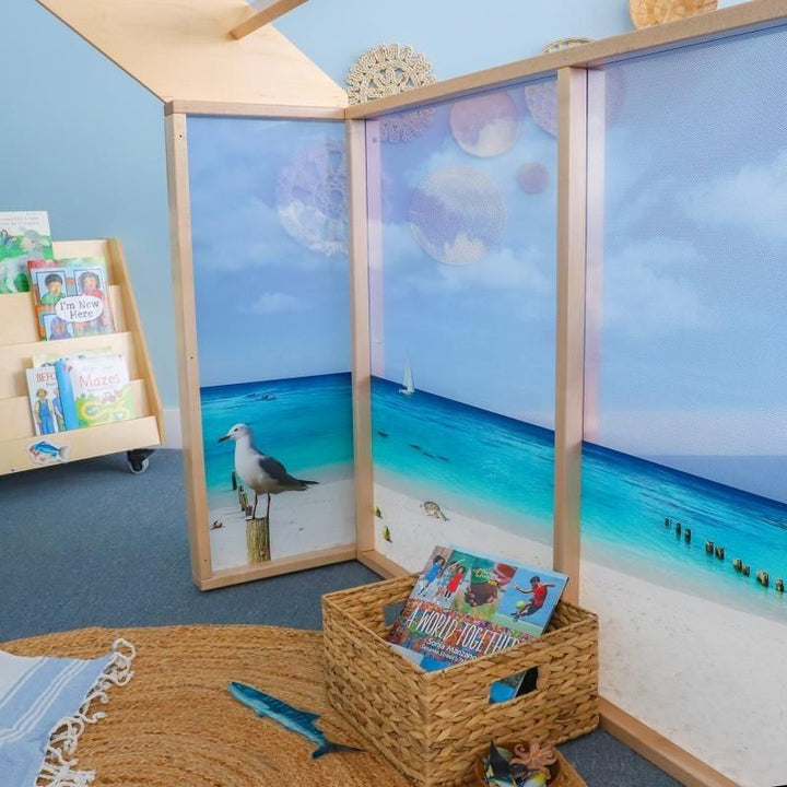 One-side view of the Whitney Brothers Nature View Play Beach House showing the high-resolution ocean beach imagery with marine wildlife hidden throughout the shatterproof acrylic panel