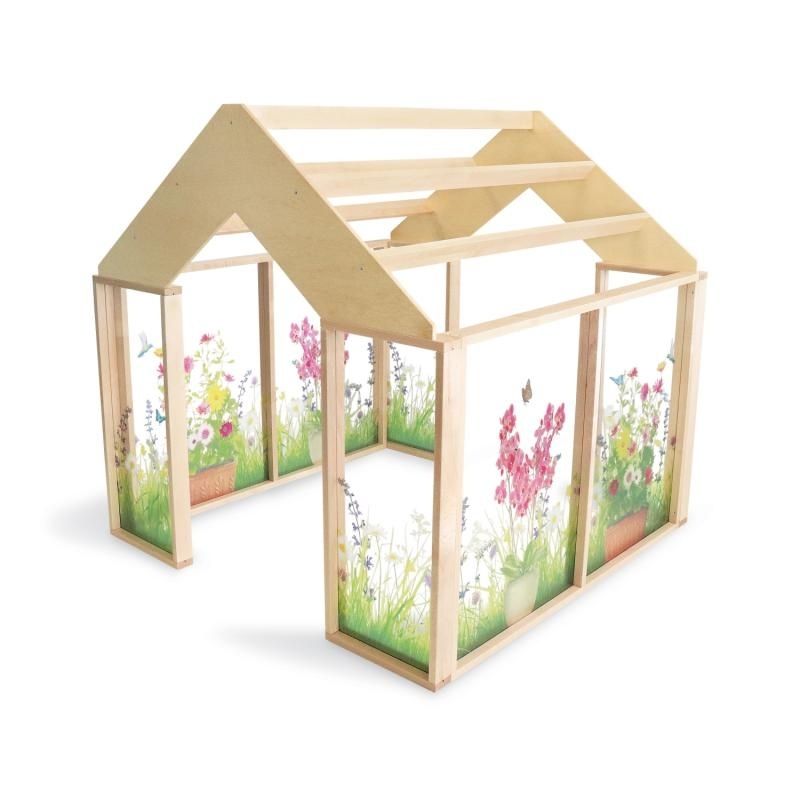 Clean product view of the Whitney Brothers Nature View Play Greenhouse showing the full solid maple and plywood construction with wildflower acrylic panels and wide door openings