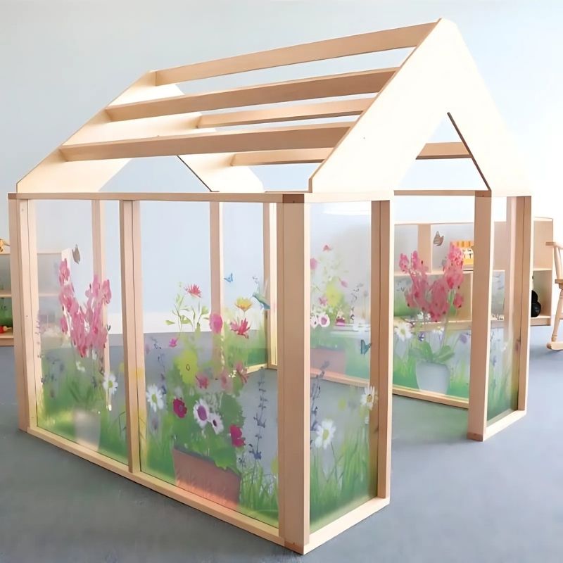 Whitney Brothers Nature View Play Greenhouse portrait view showing the full 60"x60"x60" indoor classroom greenhouse with wildflower acrylic panels and solid maple and birch plywood frame