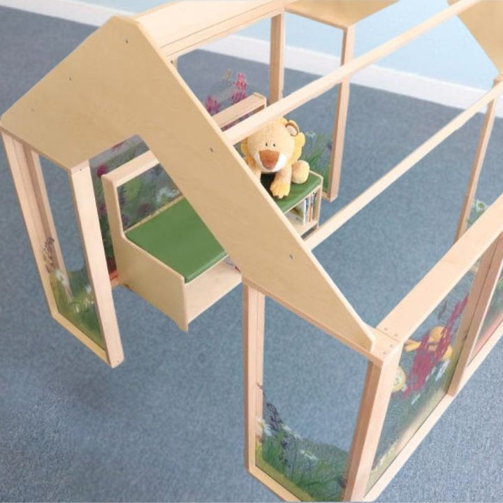 Top-down view of the Whitney Brothers Nature View Play Greenhouse showing the open pergola-style roof structure and the 60"x60" footprint of the indoor classroom greenhouse