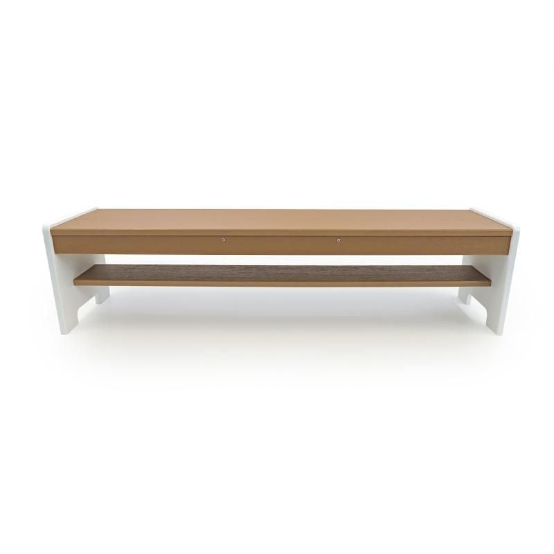 Whitney Brothers outdoorED Classroom Bench clean front view showing textured woodgrain maple and polar white HDPE two-tone finish with integrated under-seat storage shelf