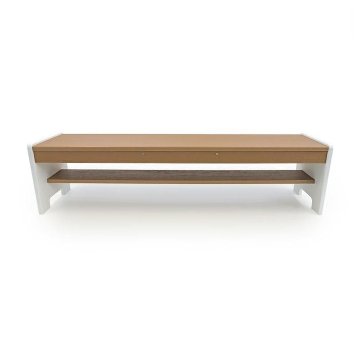 Whitney Brothers outdoorED Classroom Bench clean front view showing textured woodgrain maple and polar white HDPE two-tone finish with integrated under-seat storage shelf