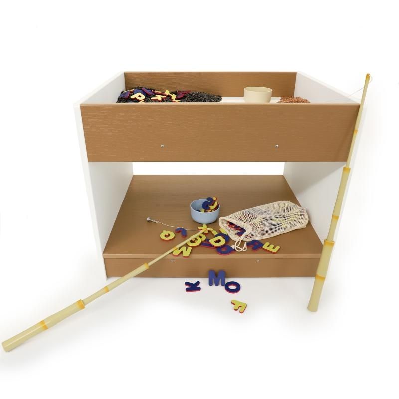 Whitney Brothers outdoorED outdoor sensory table landscape view showing wide base design, GreenGuard Gold certified HDPE construction, and dual-sided lower storage compartment