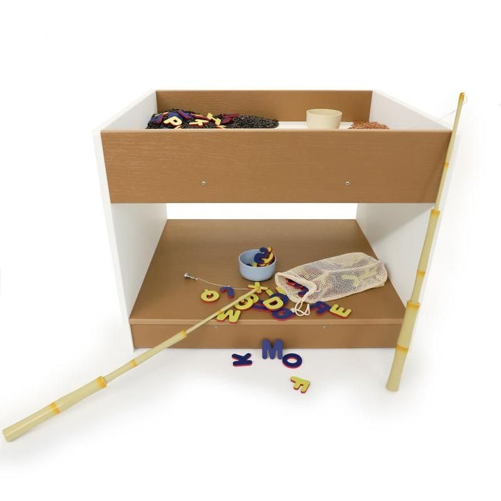 Whitney Brothers outdoorED outdoor sensory table landscape view showing wide base design, GreenGuard Gold certified HDPE construction, and dual-sided lower storage compartment