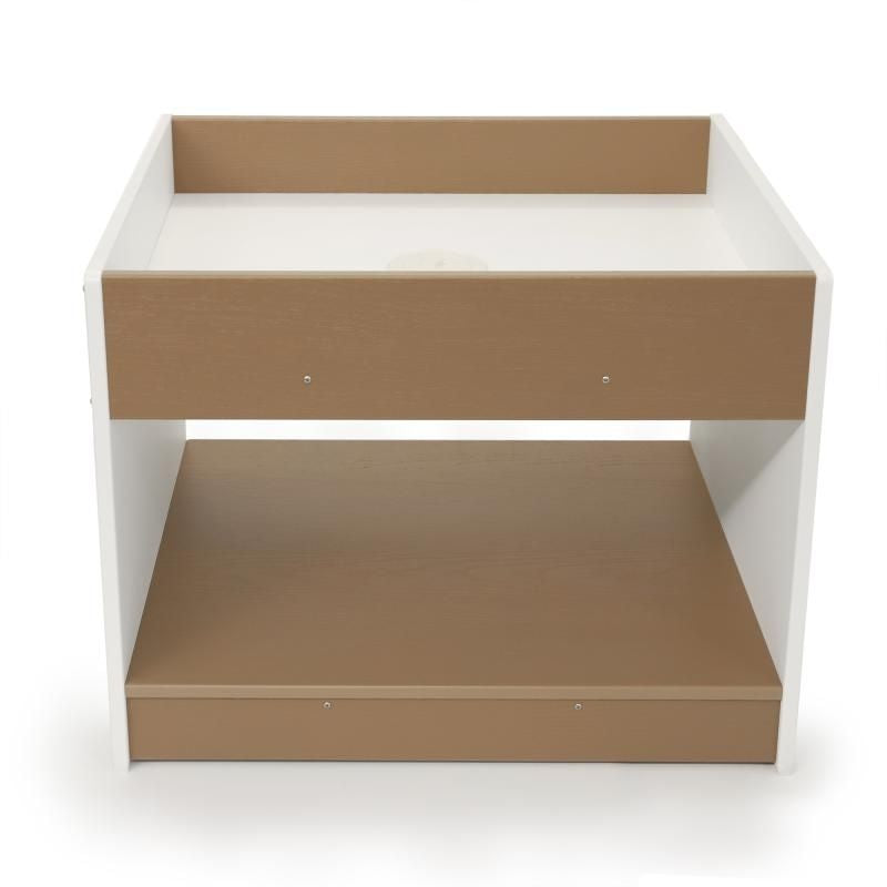 Whitney Brothers outdoorED Big and Wide Table portrait view showing full reversible-top outdoor sensory table profile with textured woodgrain maple and polar white HDPE finish