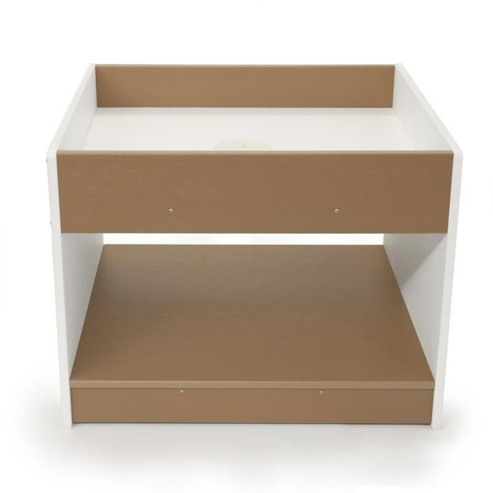 Whitney Brothers outdoorED Big and Wide Table portrait view showing full reversible-top outdoor sensory table profile with textured woodgrain maple and polar white HDPE finish